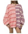 $22.76 Women's Vintage Crewneck Long Sleeve Casual Loose Contrast Color Striped Knitted Pullover Sweater Top Pink Sweaters